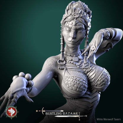 Render of Scaled Dancer Display Model | 75mm Snakefolk Performer: Scaled snakefolk dancer with jeweled headdress and coin belt on a cobble round, from White Werewolf's Bustling Bazaar. 75mm 3D printed resin display model.