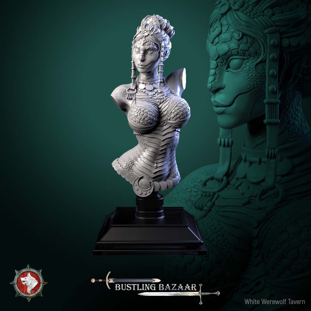 Render of Scaled Dancer Bust | Snakefolk Performer Collector Bust: Scaled snakefolk dancer bust with jeweled headdress and beaded collar, from White Werewolf's Bustling Bazaar. 3D printed resin collector bust.