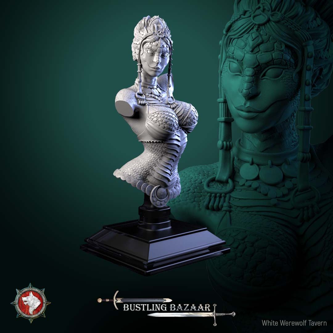 Render of Scaled Dancer Bust | Snakefolk Performer Collector Bust: Scaled snakefolk dancer bust with jeweled headdress and beaded collar, from White Werewolf's Bustling Bazaar. 3D printed resin collector bust.