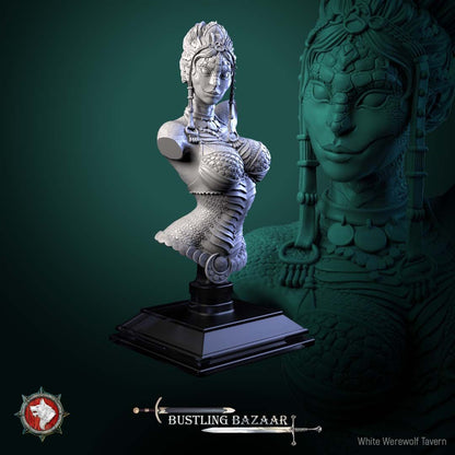Render of Scaled Dancer Bust | Snakefolk Performer Collector Bust: Scaled snakefolk dancer bust with jeweled headdress and beaded collar, from White Werewolf's Bustling Bazaar. 3D printed resin collector bust.