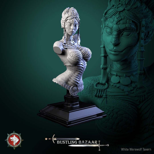 Render of Scaled Dancer Bust | Snakefolk Performer Collector Bust: Scaled snakefolk dancer bust with jeweled headdress and beaded collar, from White Werewolf's Bustling Bazaar. 3D printed resin collector bust.