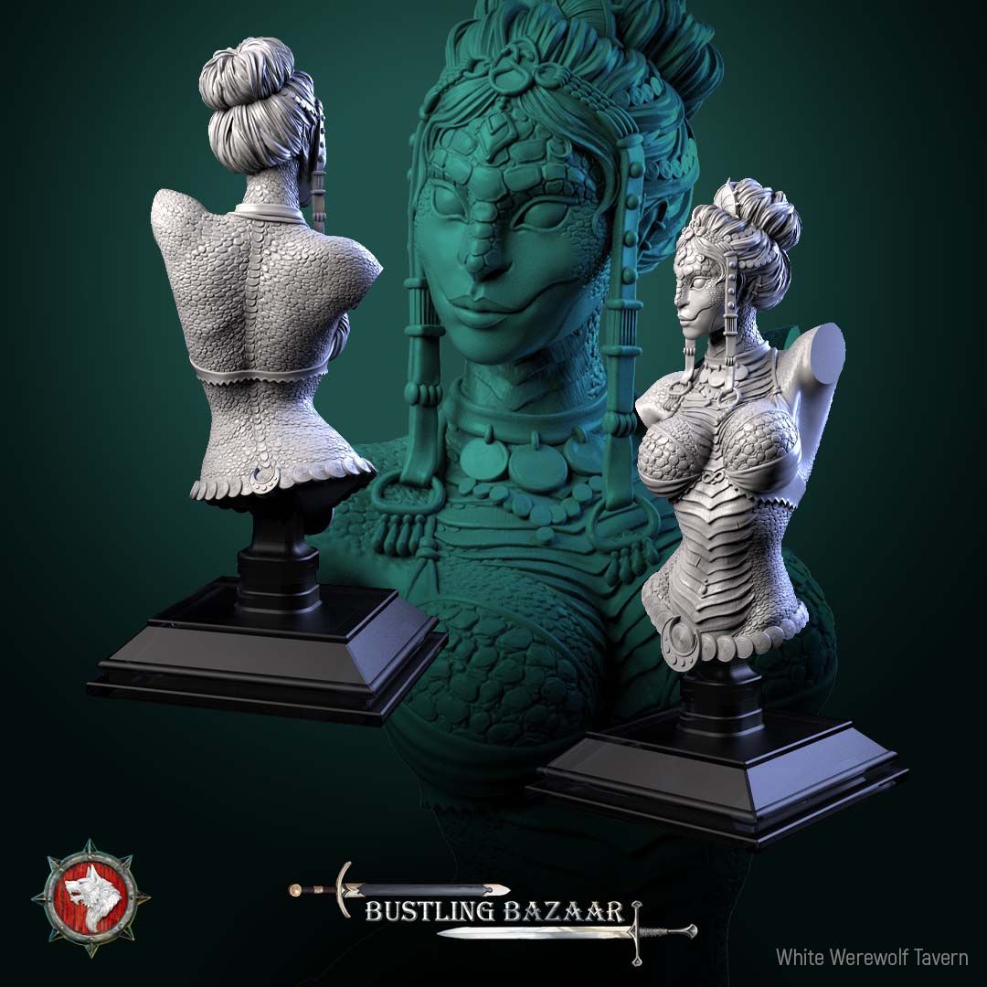 Render of Scaled Dancer Bust | Snakefolk Performer Collector Bust: Scaled snakefolk dancer bust with jeweled headdress and beaded collar, from White Werewolf's Bustling Bazaar. 3D printed resin collector bust.