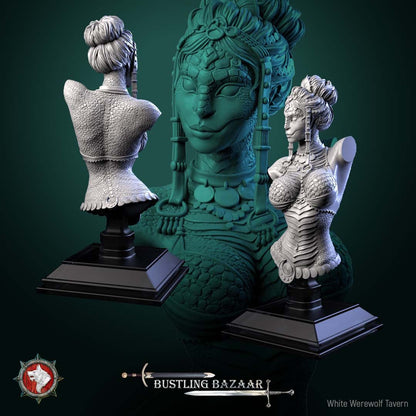 Render of Scaled Dancer Bust | Snakefolk Performer Collector Bust: Scaled snakefolk dancer bust with jeweled headdress and beaded collar, from White Werewolf's Bustling Bazaar. 3D printed resin collector bust.