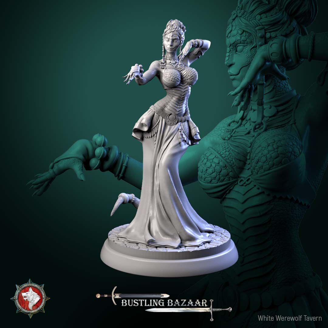 Render of Scaled Dancers | 32mm Snakefolk Performer Miniatures: Four scaled snakefolk dancers with coin belts and flowing skirts, from White Werewolf's Bustling Bazaar. 32mm 3D printed resin, single or full set.