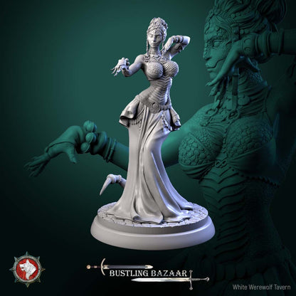 Render of Scaled Dancers | 32mm Snakefolk Performer Miniatures: Four scaled snakefolk dancers with coin belts and flowing skirts, from White Werewolf's Bustling Bazaar. 32mm 3D printed resin, single or full set.