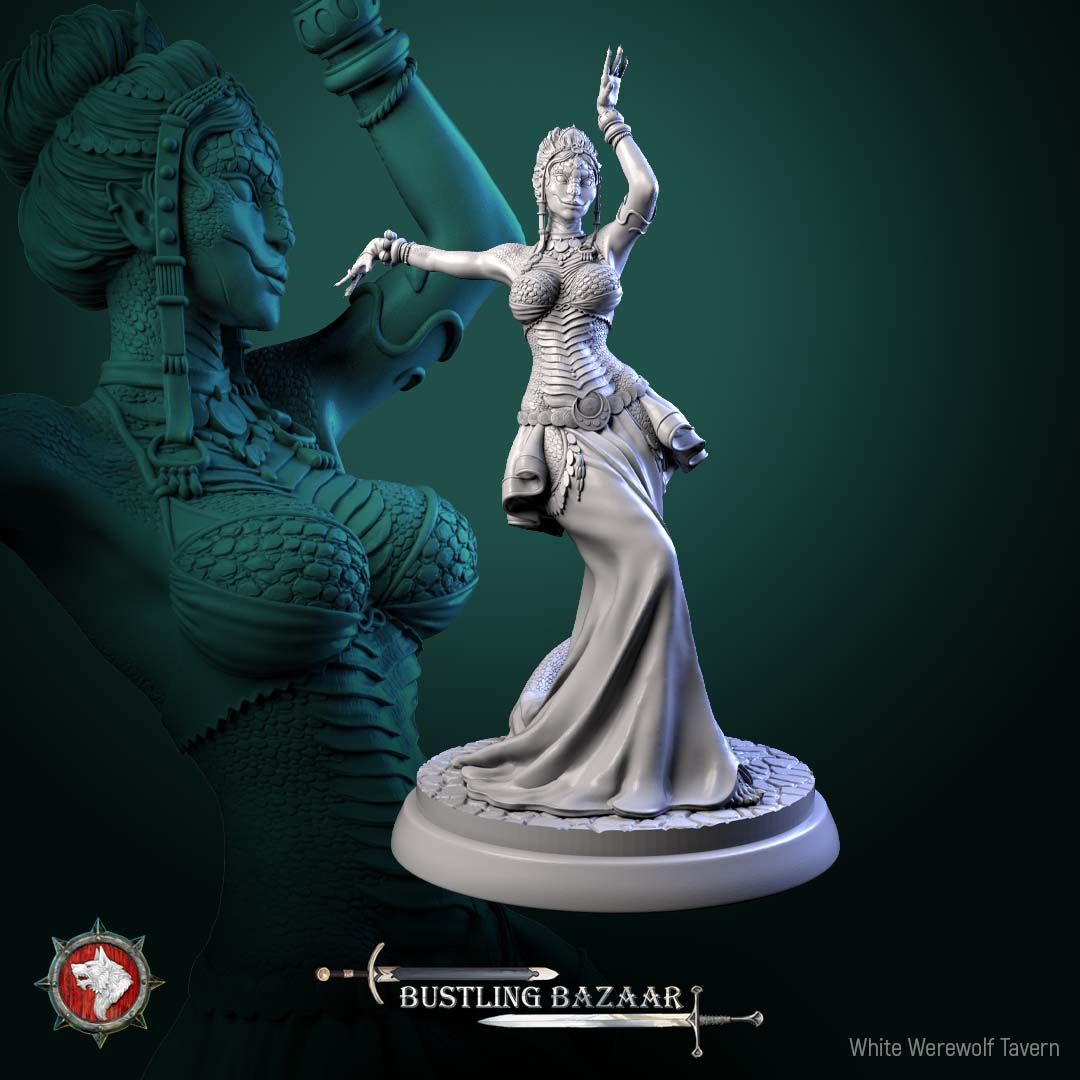 Render of Scaled Dancers | 32mm Snakefolk Performer Miniatures: Four scaled snakefolk dancers with coin belts and flowing skirts, from White Werewolf's Bustling Bazaar. 32mm 3D printed resin, single or full set.