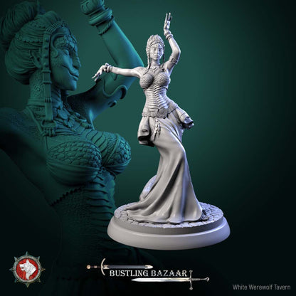 Render of Scaled Dancers | 32mm Snakefolk Performer Miniatures: Four scaled snakefolk dancers with coin belts and flowing skirts, from White Werewolf's Bustling Bazaar. 32mm 3D printed resin, single or full set.