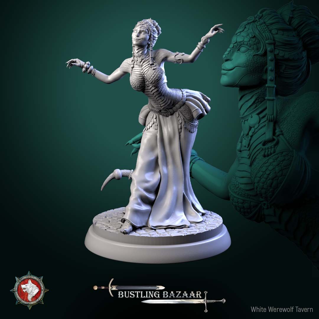 Render of Scaled Dancers | 32mm Snakefolk Performer Miniatures: Four scaled snakefolk dancers with coin belts and flowing skirts, from White Werewolf's Bustling Bazaar. 32mm 3D printed resin, single or full set.