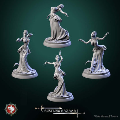 Render of Scaled Dancers | 32mm Snakefolk Performer Miniatures: Four scaled snakefolk dancers with coin belts and flowing skirts, from White Werewolf's Bustling Bazaar. 32mm 3D printed resin, single or full set.