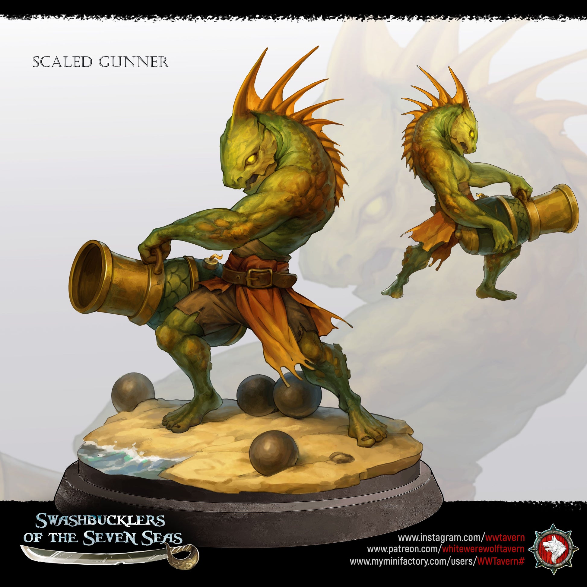 Render of Scaled Gunners | 32mm Fishfolk Pirate Miniatures: Six fin-crested fishfolk brutes with cutlass, standard, and naval cannon, from White Werewolf's Swashbucklers of the Seven Seas. 32mm resin, single or set.