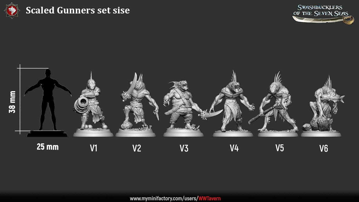 Render of Scaled Gunners | 32mm Fishfolk Pirate Miniatures: Six fin-crested fishfolk brutes with cutlass, standard, and naval cannon, from White Werewolf's Swashbucklers of the Seven Seas. 32mm resin, single or set.