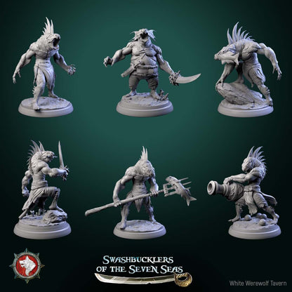 Render of Scaled Gunners | 32mm Fishfolk Pirate Miniatures: Six fin-crested fishfolk brutes with cutlass, standard, and naval cannon, from White Werewolf's Swashbucklers of the Seven Seas. 32mm resin, single or set.