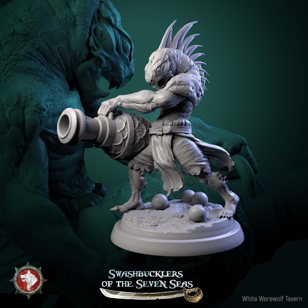 Render of Scaled Gunners | 32mm Fishfolk Pirate Miniatures: Six fin-crested fishfolk brutes with cutlass, standard, and naval cannon, from White Werewolf's Swashbucklers of the Seven Seas. 32mm resin, single or set.