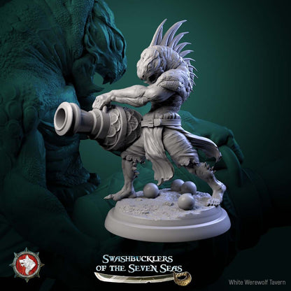 Render of Scaled Gunners | 32mm Fishfolk Pirate Miniatures: Six fin-crested fishfolk brutes with cutlass, standard, and naval cannon, from White Werewolf's Swashbucklers of the Seven Seas. 32mm resin, single or set.