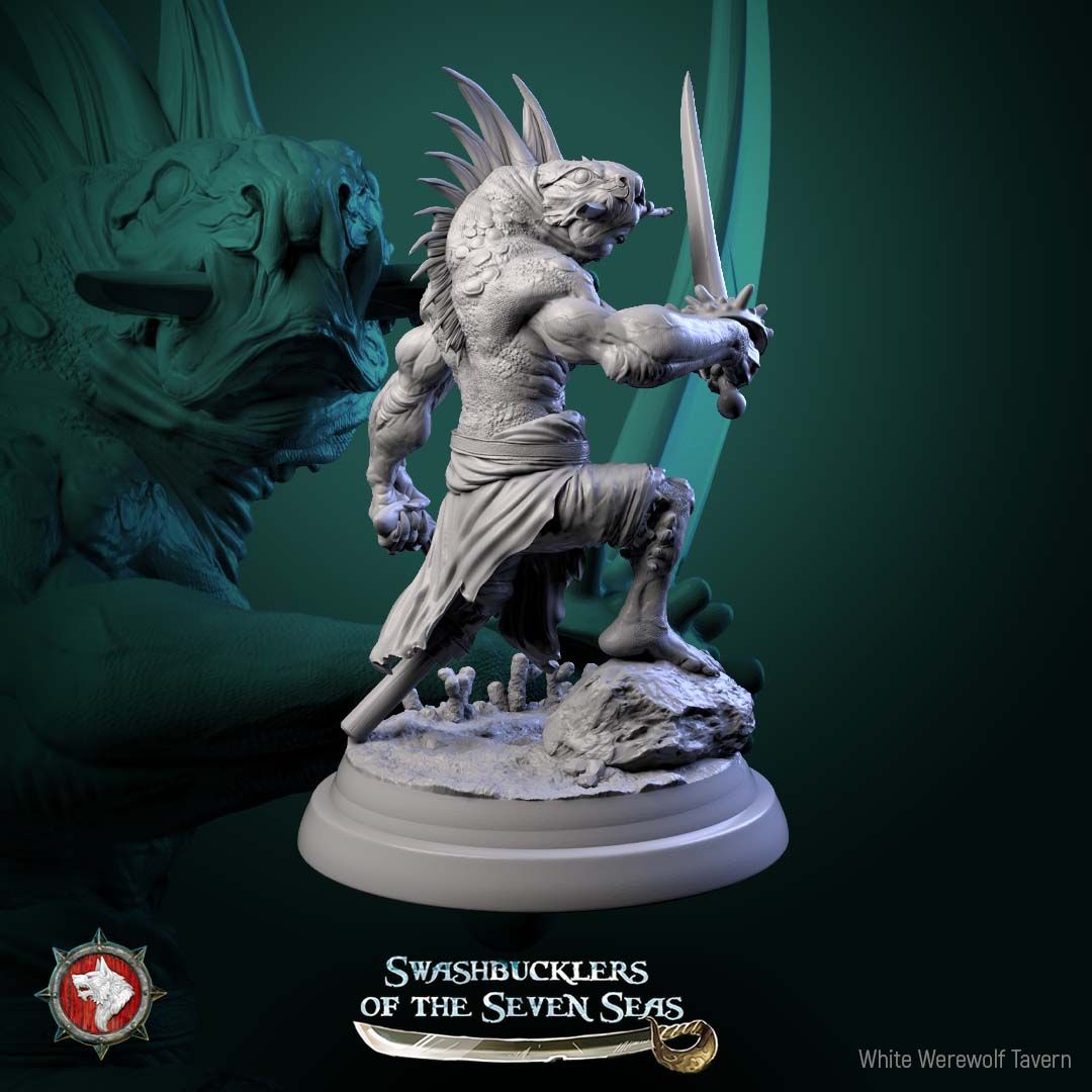 Render of Scaled Gunners | 32mm Fishfolk Pirate Miniatures: Six fin-crested fishfolk brutes with cutlass, standard, and naval cannon, from White Werewolf's Swashbucklers of the Seven Seas. 32mm resin, single or set.