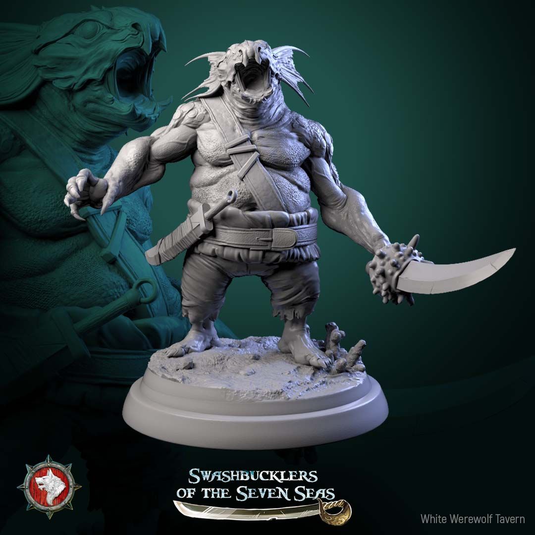 Render of Scaled Gunners | 32mm Fishfolk Pirate Miniatures: Six fin-crested fishfolk brutes with cutlass, standard, and naval cannon, from White Werewolf's Swashbucklers of the Seven Seas. 32mm resin, single or set.