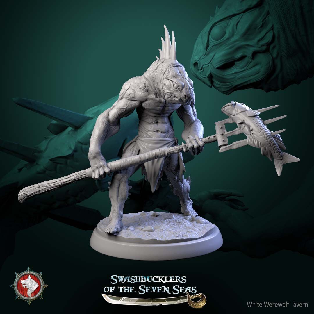 Render of Scaled Gunners | 32mm Fishfolk Pirate Miniatures: Six fin-crested fishfolk brutes with cutlass, standard, and naval cannon, from White Werewolf's Swashbucklers of the Seven Seas. 32mm resin, single or set.