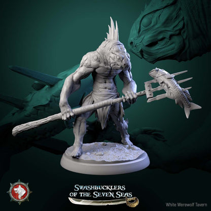 Render of Scaled Gunners | 32mm Fishfolk Pirate Miniatures: Six fin-crested fishfolk brutes with cutlass, standard, and naval cannon, from White Werewolf's Swashbucklers of the Seven Seas. 32mm resin, single or set.