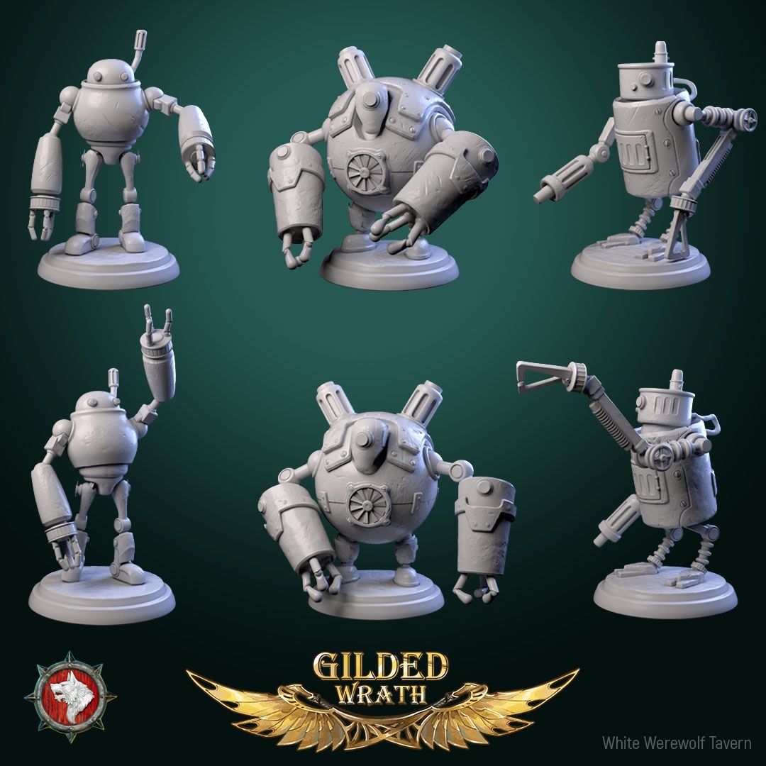 Render of Scrap-Bots | 32mm Clockwork Robot Miniatures: Six riveted clockwork scrap-bots with portholes and boiler chassis, from White Werewolf's Gilded Wrath. 32mm 3D printed resin, single or full set.