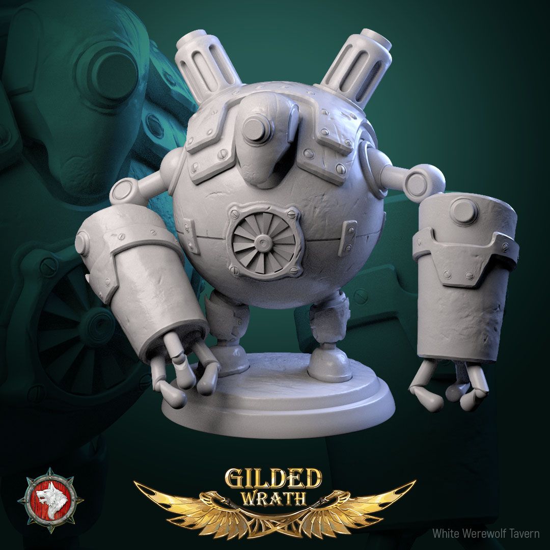 Render of Scrap-Bots | 32mm Clockwork Robot Miniatures: Six riveted clockwork scrap-bots with portholes and boiler chassis, from White Werewolf's Gilded Wrath. 32mm 3D printed resin, single or full set.