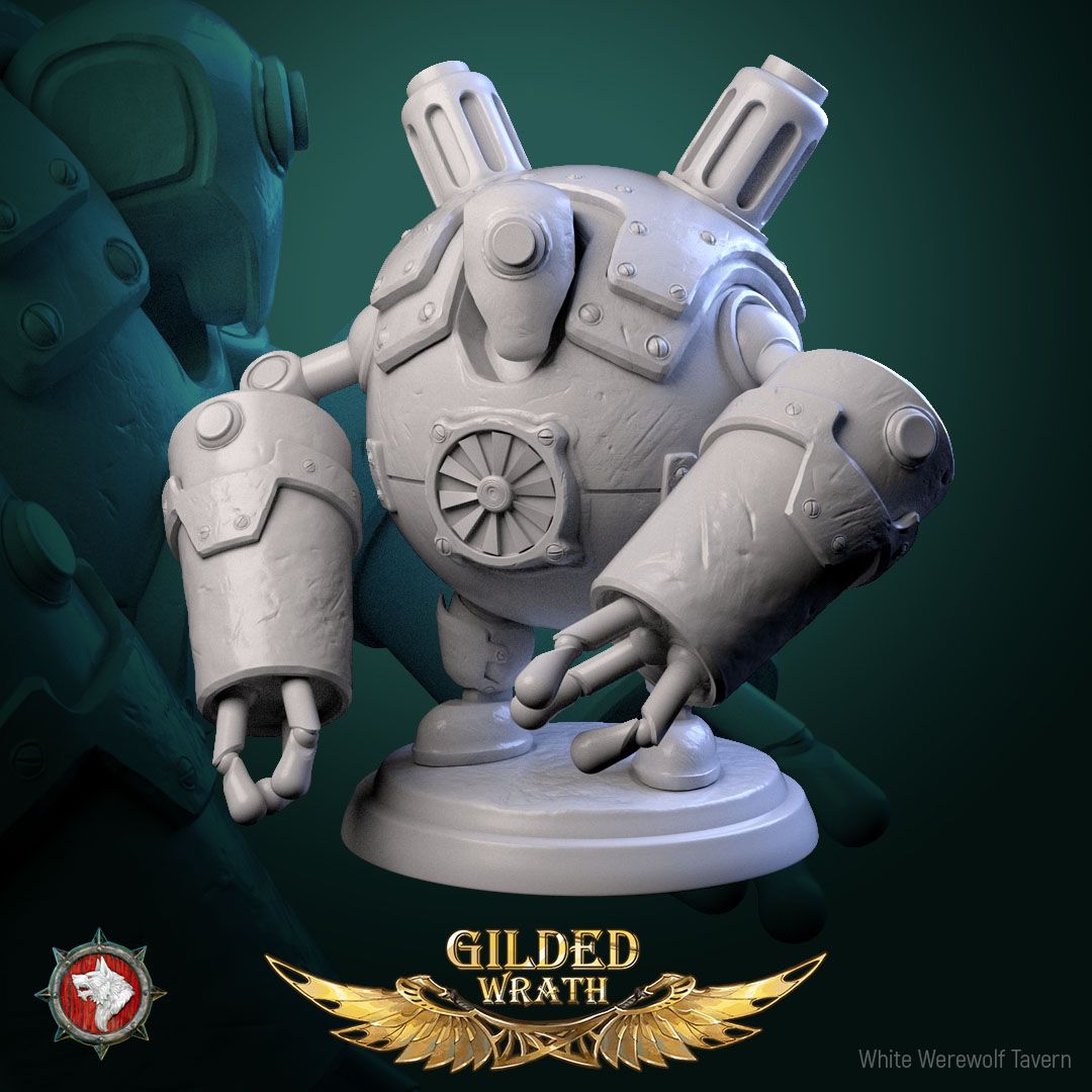 Render of Scrap-Bots | 32mm Clockwork Robot Miniatures: Six riveted clockwork scrap-bots with portholes and boiler chassis, from White Werewolf's Gilded Wrath. 32mm 3D printed resin, single or full set.