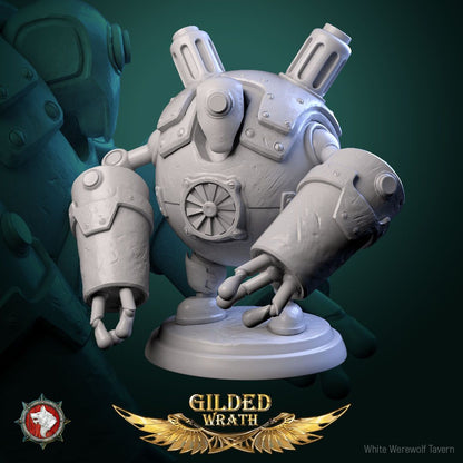 Render of Scrap-Bots | 32mm Clockwork Robot Miniatures: Six riveted clockwork scrap-bots with portholes and boiler chassis, from White Werewolf's Gilded Wrath. 32mm 3D printed resin, single or full set.