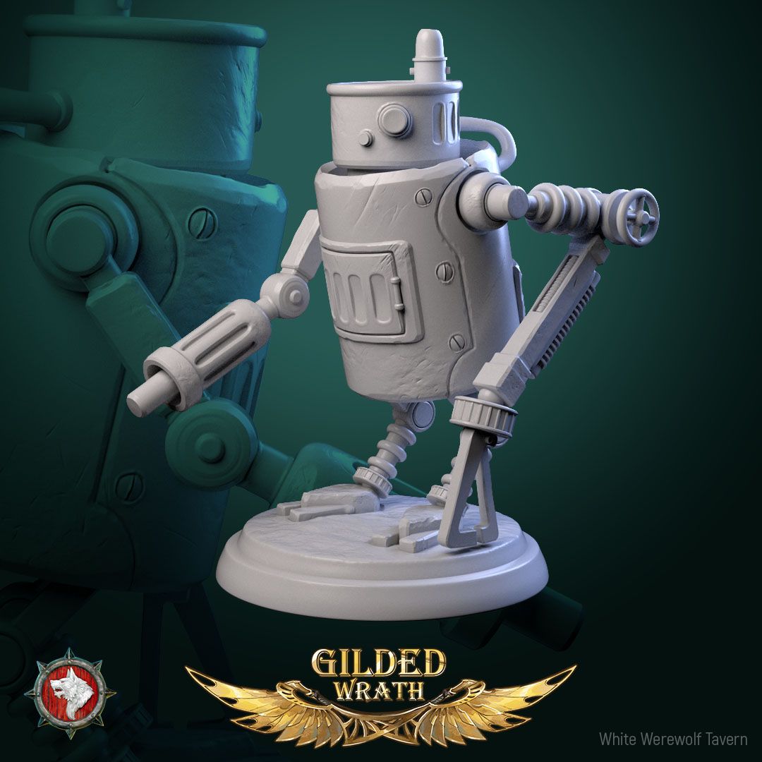 Render of Scrap-Bots | 32mm Clockwork Robot Miniatures: Six riveted clockwork scrap-bots with portholes and boiler chassis, from White Werewolf's Gilded Wrath. 32mm 3D printed resin, single or full set.