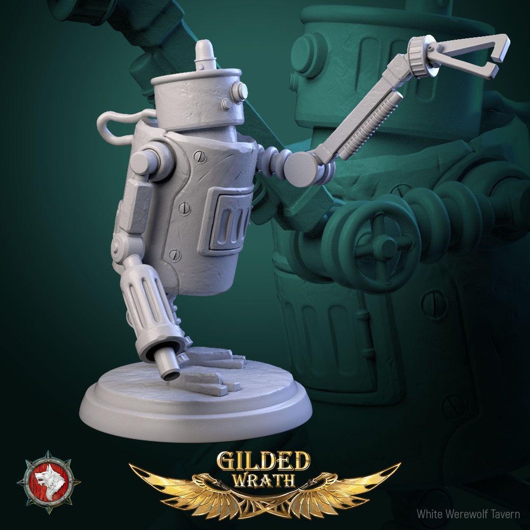 Render of Scrap-Bots | 32mm Clockwork Robot Miniatures: Six riveted clockwork scrap-bots with portholes and boiler chassis, from White Werewolf's Gilded Wrath. 32mm 3D printed resin, single or full set.