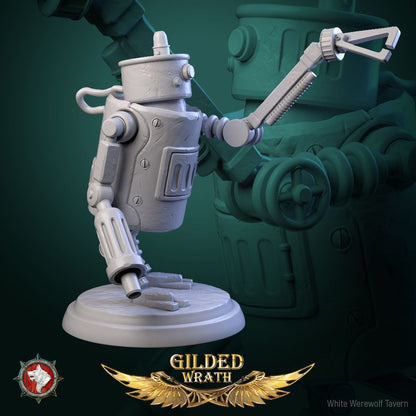 Render of Scrap-Bots | 32mm Clockwork Robot Miniatures: Six riveted clockwork scrap-bots with portholes and boiler chassis, from White Werewolf's Gilded Wrath. 32mm 3D printed resin, single or full set.