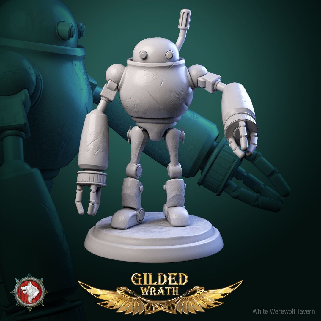 Render of Scrap-Bots | 32mm Clockwork Robot Miniatures: Six riveted clockwork scrap-bots with portholes and boiler chassis, from White Werewolf's Gilded Wrath. 32mm 3D printed resin, single or full set.