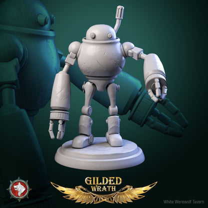 Render of Scrap-Bots | 32mm Clockwork Robot Miniatures: Six riveted clockwork scrap-bots with portholes and boiler chassis, from White Werewolf's Gilded Wrath. 32mm 3D printed resin, single or full set.