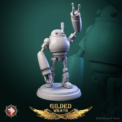 Render of Scrap-Bots | 32mm Clockwork Robot Miniatures: Six riveted clockwork scrap-bots with portholes and boiler chassis, from White Werewolf's Gilded Wrath. 32mm 3D printed resin, single or full set.