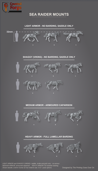 All fourteen Sea Raider horse mounts labeled by style and pose, shown beside a 32mm human for scale