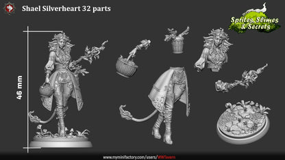 Render of Shael Silverheart | 32-75mm Forest Warden Miniature: Fawn-eared forest warden with leaf-flame staff, berry basket, and lantern, from White Werewolf's Sprites, Slimes and Secrets. 32-75mm resin miniature.