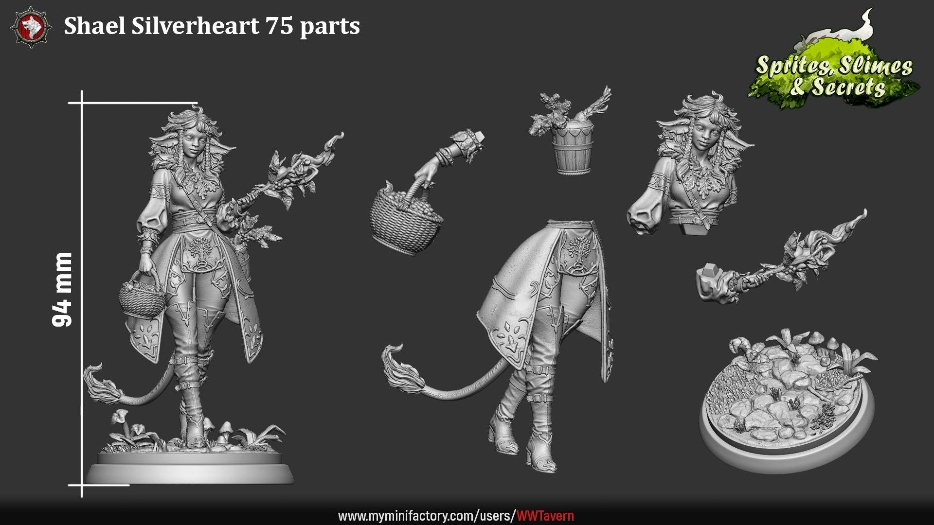 Render of Shael Silverheart | 32-75mm Forest Warden Miniature: Fawn-eared forest warden with leaf-flame staff, berry basket, and lantern, from White Werewolf's Sprites, Slimes and Secrets. 32-75mm resin miniature.