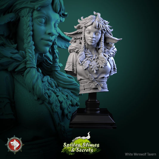 Render of Shael Silverheart Bust | Forest Warden Collector Bust: Fawn-eared forest warden bust with braids and leafy collar, from White Werewolf's Sprites, Slimes and Secrets. 3D printed resin collector bust.