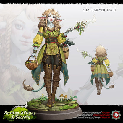Render of Shael Silverheart Bust | Forest Warden Collector Bust: Fawn-eared forest warden bust with braids and leafy collar, from White Werewolf's Sprites, Slimes and Secrets. 3D printed resin collector bust.