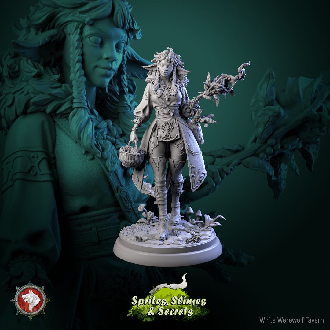 Render of Shael Silverheart | 32-75mm Forest Warden Miniature: Fawn-eared forest warden with leaf-flame staff, berry basket, and lantern, from White Werewolf's Sprites, Slimes and Secrets. 32-75mm resin miniature.