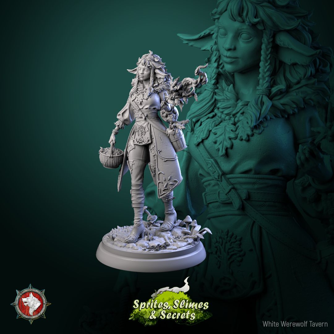 Render of Shael Silverheart | 32-75mm Forest Warden Miniature: Fawn-eared forest warden with leaf-flame staff, berry basket, and lantern, from White Werewolf's Sprites, Slimes and Secrets. 32-75mm resin miniature.