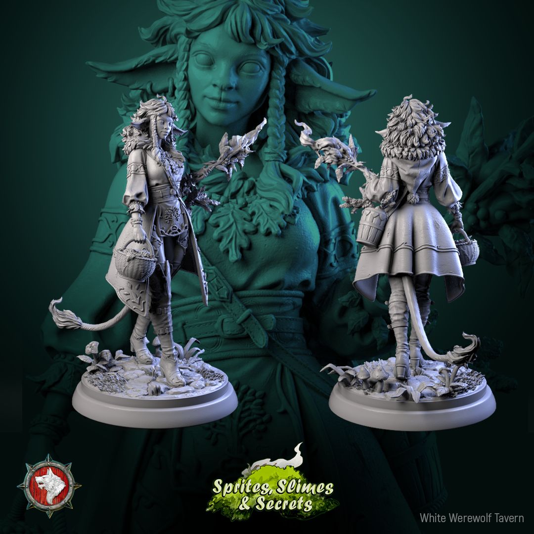 Render of Shael Silverheart | 32-75mm Forest Warden Miniature: Fawn-eared forest warden with leaf-flame staff, berry basket, and lantern, from White Werewolf's Sprites, Slimes and Secrets. 32-75mm resin miniature.