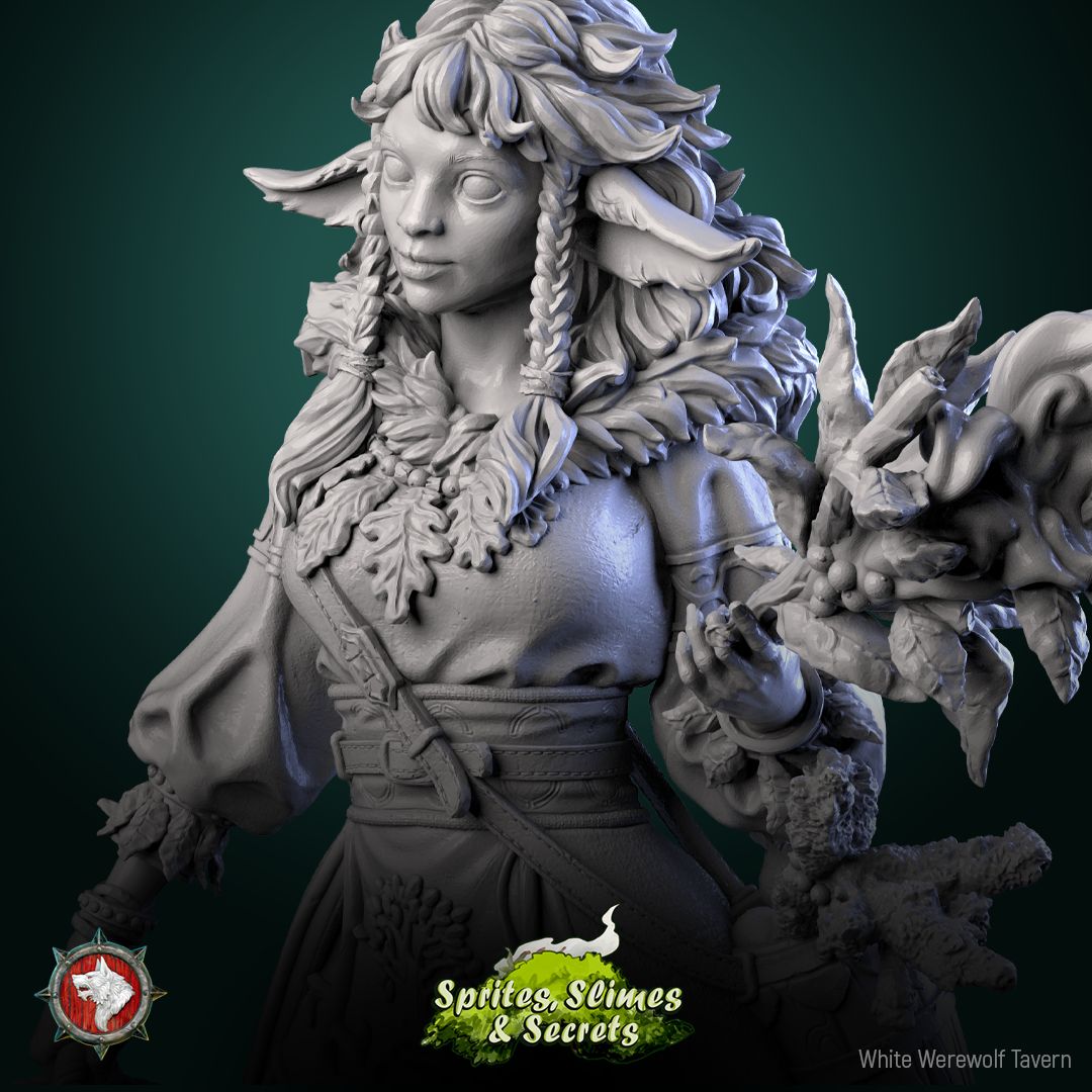 Render of Shael Silverheart | 32-75mm Forest Warden Miniature: Fawn-eared forest warden with leaf-flame staff, berry basket, and lantern, from White Werewolf's Sprites, Slimes and Secrets. 32-75mm resin miniature.