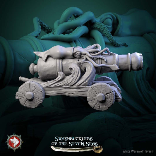 Render of Ship Cannon | 32mm Pirate Terrain Scatter Piece: Naval cannon on a wheeled carriage with an octopus over the barrel, from White Werewolf's Swashbucklers of the Seven Seas. 32mm 3D printed resin terrain.