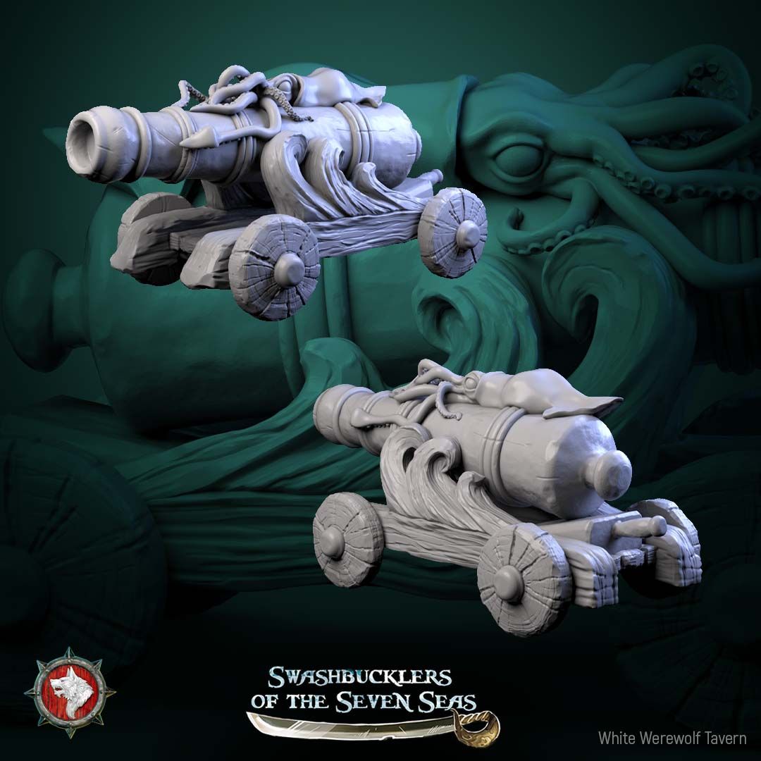 Render of Ship Cannon | 32mm Pirate Terrain Scatter Piece: Naval cannon on a wheeled carriage with an octopus over the barrel, from White Werewolf's Swashbucklers of the Seven Seas. 32mm 3D printed resin terrain.
