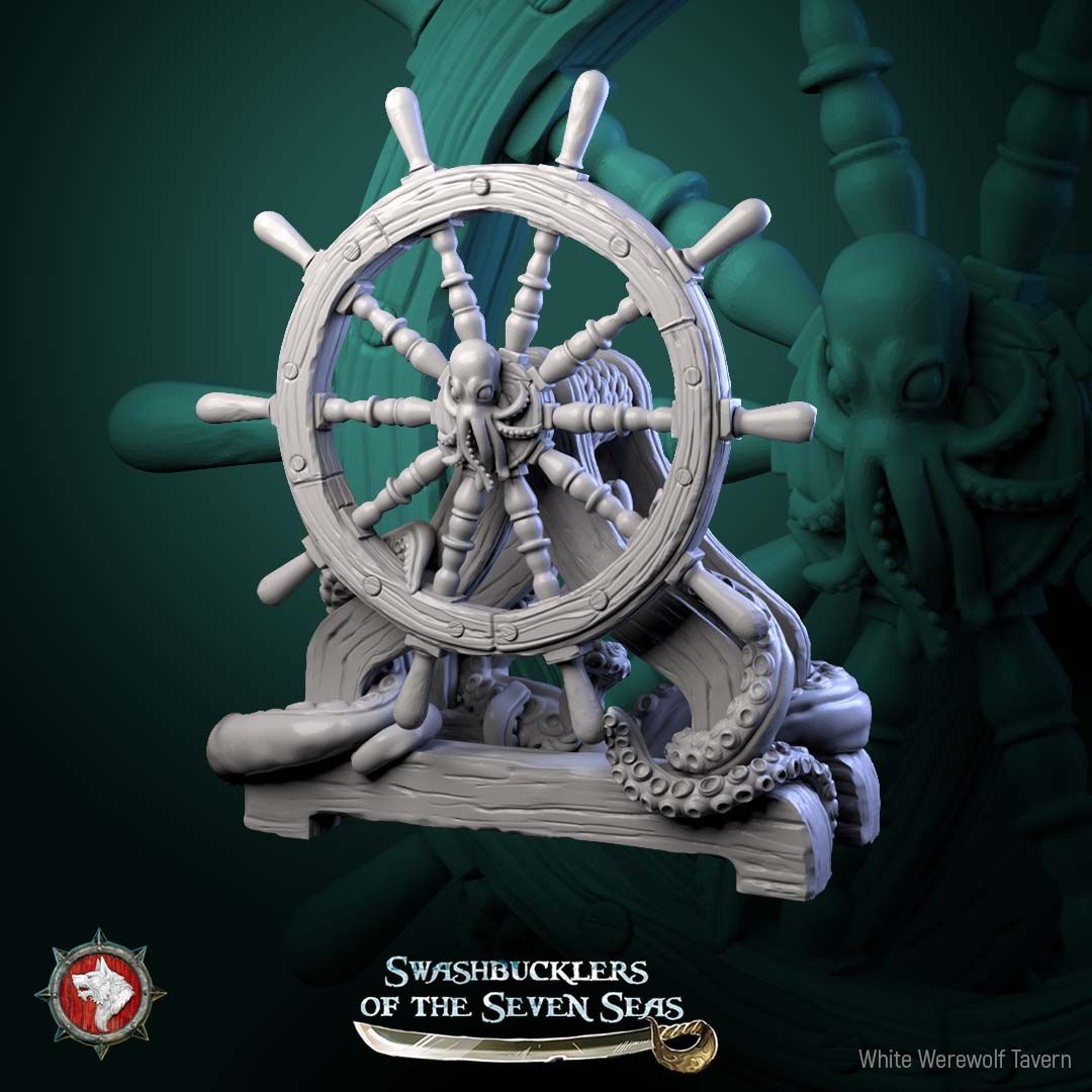Render of Ship Helm | 32mm Pirate Terrain Scatter Piece: Ship's wheel on a deck stand wrapped in kraken tentacles, from White Werewolf's Swashbucklers of the Seven Seas. 32mm 3D printed resin terrain scatter.