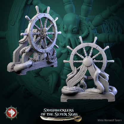 Render of Ship Helm | 32mm Pirate Terrain Scatter Piece: Ship's wheel on a deck stand wrapped in kraken tentacles, from White Werewolf's Swashbucklers of the Seven Seas. 32mm 3D printed resin terrain scatter.