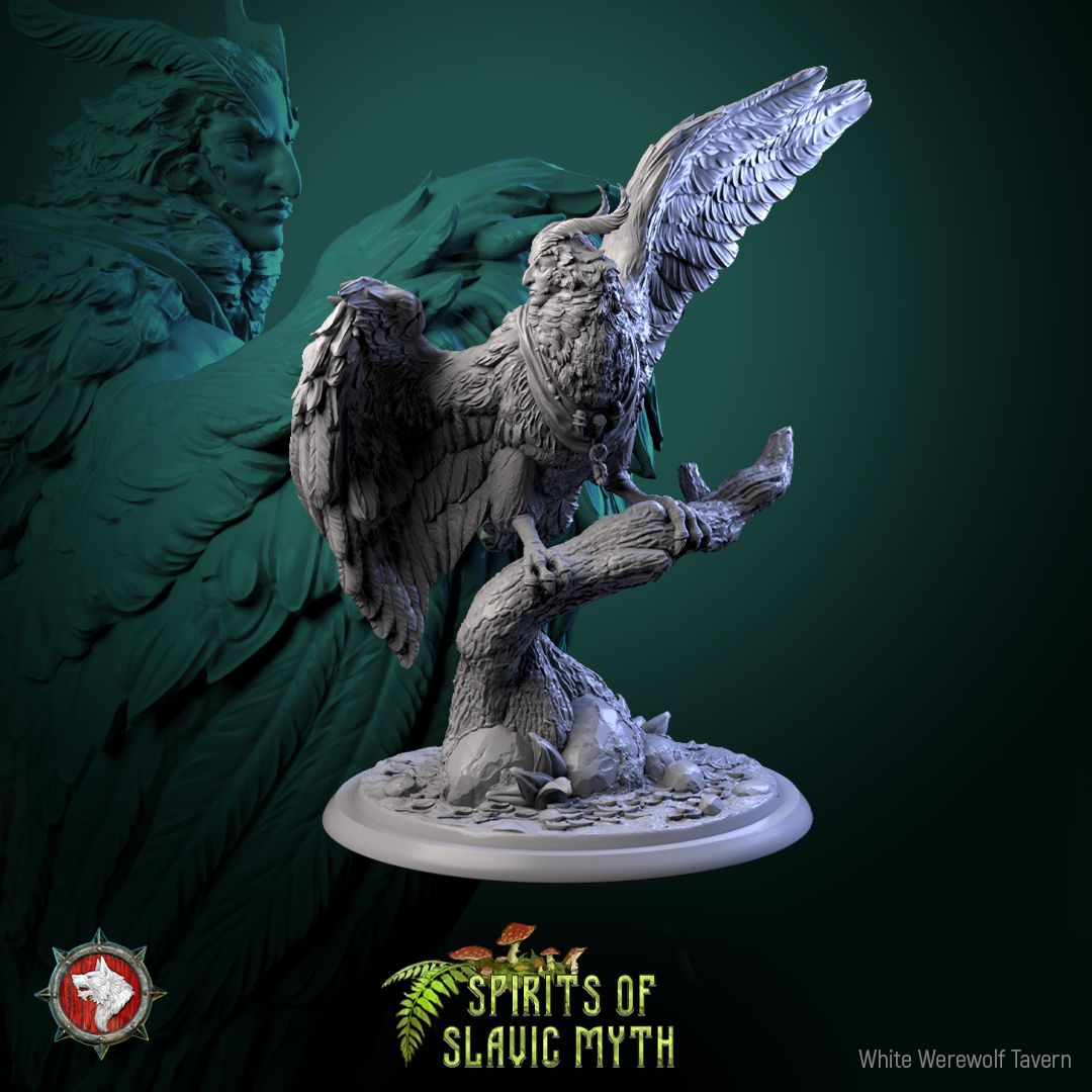 Render of Sirin | 32mm Slavic Bird-Woman Miniatures: Six woman-headed sirin birds on branches and stones, from White Werewolf's Spirits of Slavic Myth. 32mm 3D printed resin folklore, single or full set.