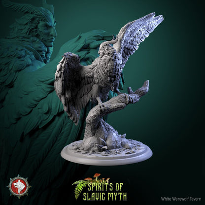 Render of Sirin | 32mm Slavic Bird-Woman Miniatures: Six woman-headed sirin birds on branches and stones, from White Werewolf's Spirits of Slavic Myth. 32mm 3D printed resin folklore, single or full set.