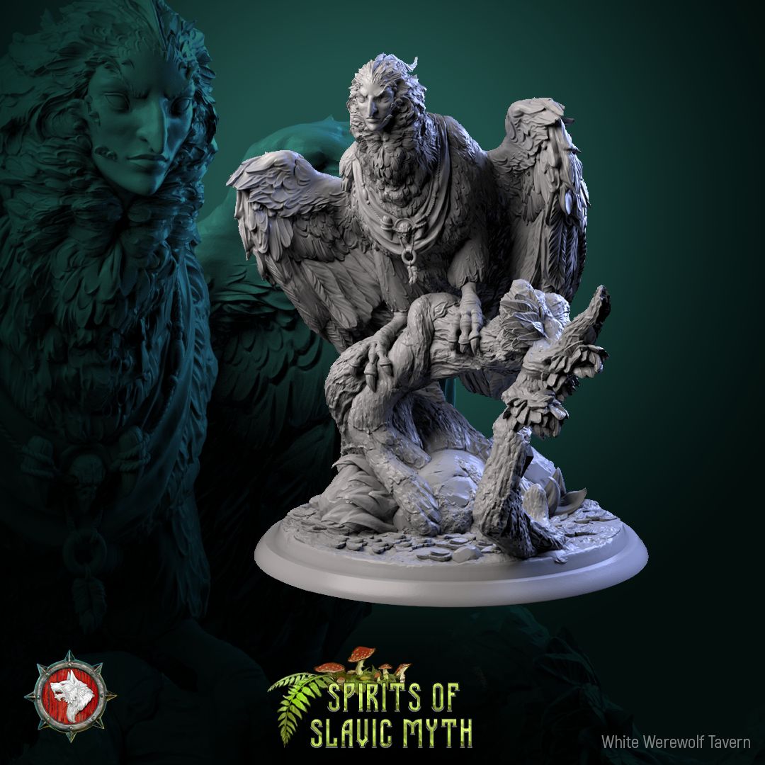 Render of Sirin | 32mm Slavic Bird-Woman Miniatures: Six woman-headed sirin birds on branches and stones, from White Werewolf's Spirits of Slavic Myth. 32mm 3D printed resin folklore, single or full set.