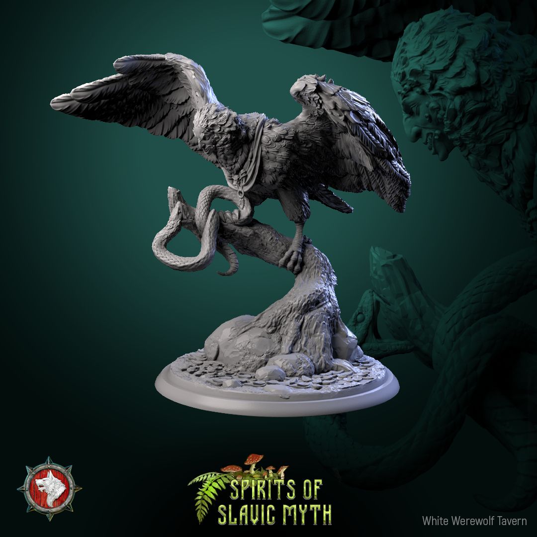 Render of Sirin | 32mm Slavic Bird-Woman Miniatures: Six woman-headed sirin birds on branches and stones, from White Werewolf's Spirits of Slavic Myth. 32mm 3D printed resin folklore, single or full set.
