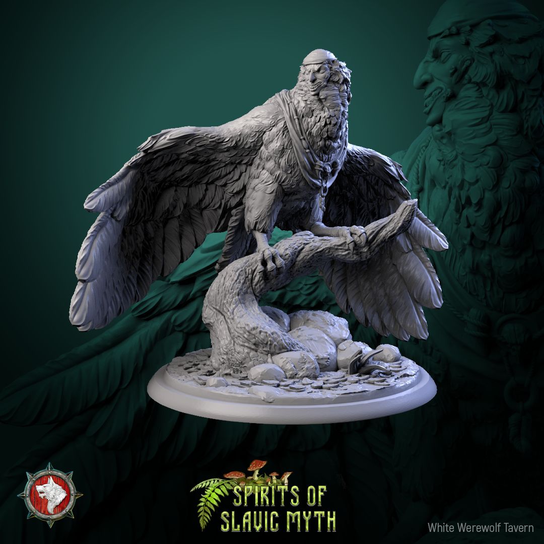 Render of Sirin | 32mm Slavic Bird-Woman Miniatures: Six woman-headed sirin birds on branches and stones, from White Werewolf's Spirits of Slavic Myth. 32mm 3D printed resin folklore, single or full set.